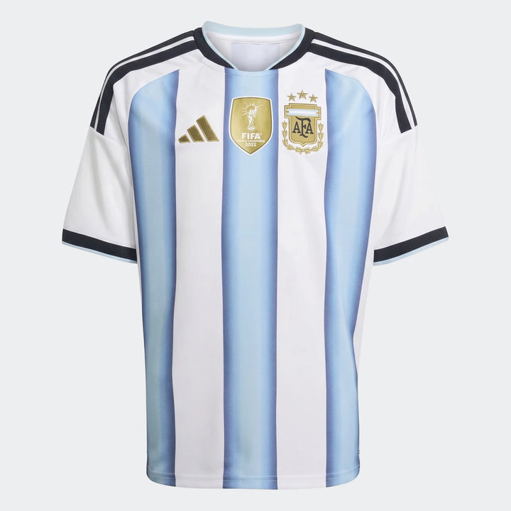 Argentina 26 Home Kids Jersey with white and light blue stripes, featuring the Adidas logo, FIFA World Champions 2022 patch,
