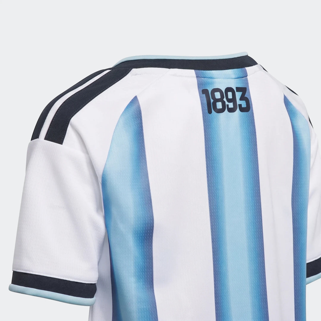 Argentina 26 Home Kids Set jersey, back view showing white and light blue stripes and '1893' detail.