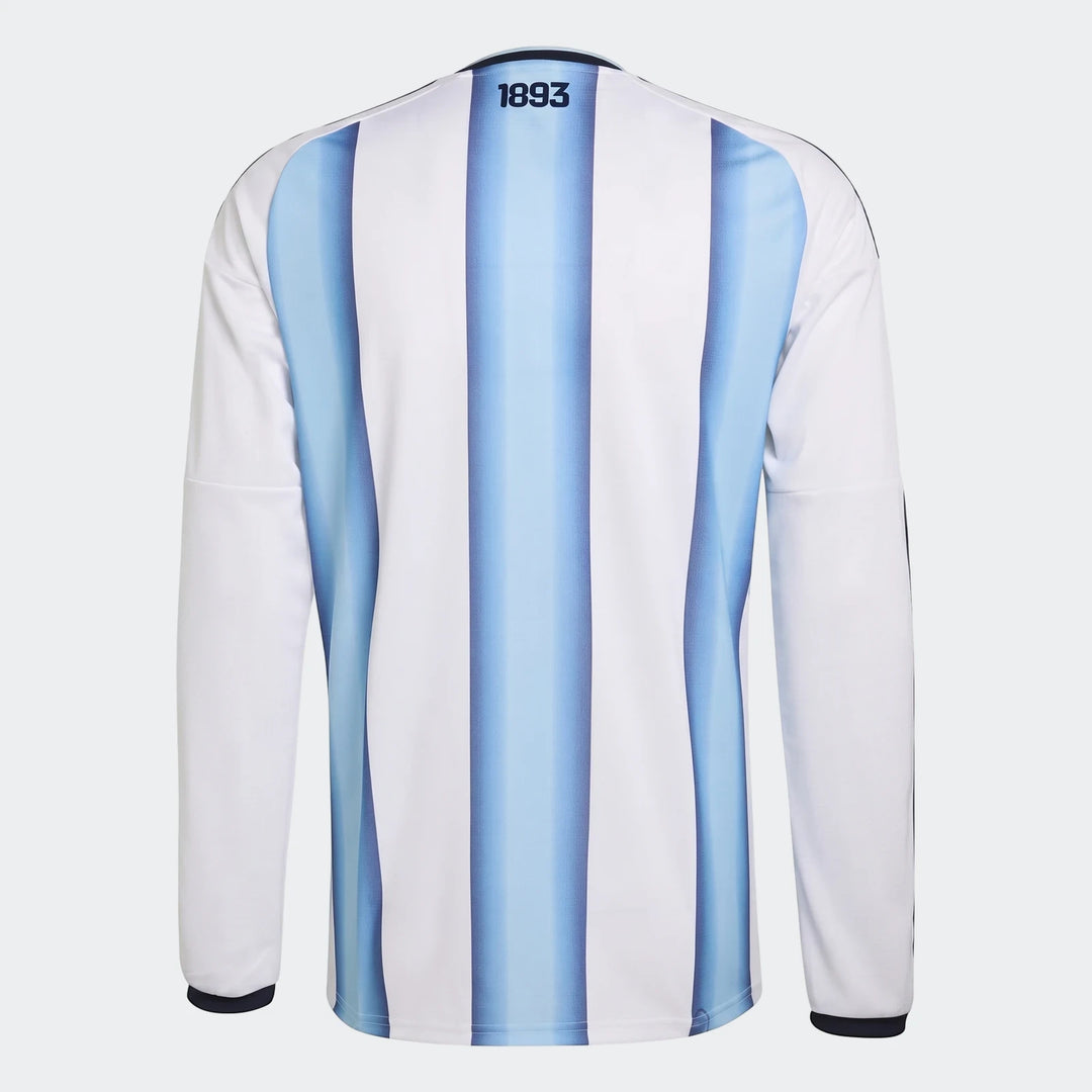 Argentina 26 Home Long Sleeve Jersey, featuring white and light blue stripes, viewed from the back with "1893" detail.