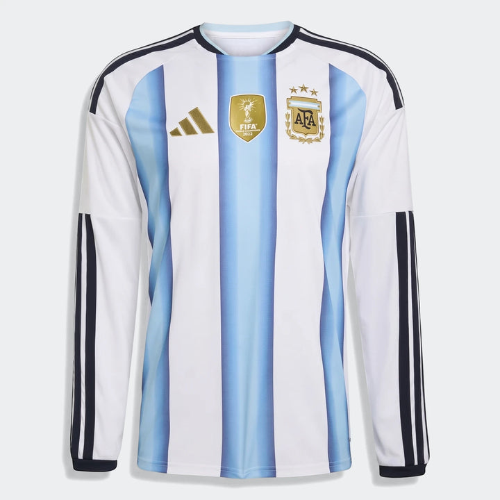 Argentina 26 Home Long Sleeve Jersey featuring white and light blue stripes with gold logos and black accents.