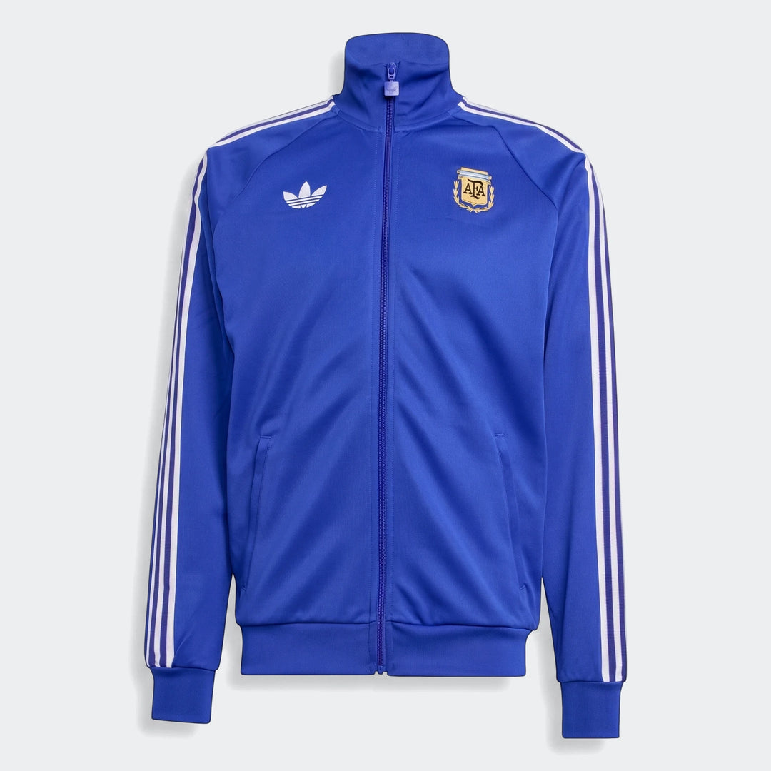 Blue Adidas Argentina Originals Track Top, featuring white stripes on sleeves and AFA crest, shown from the front.
