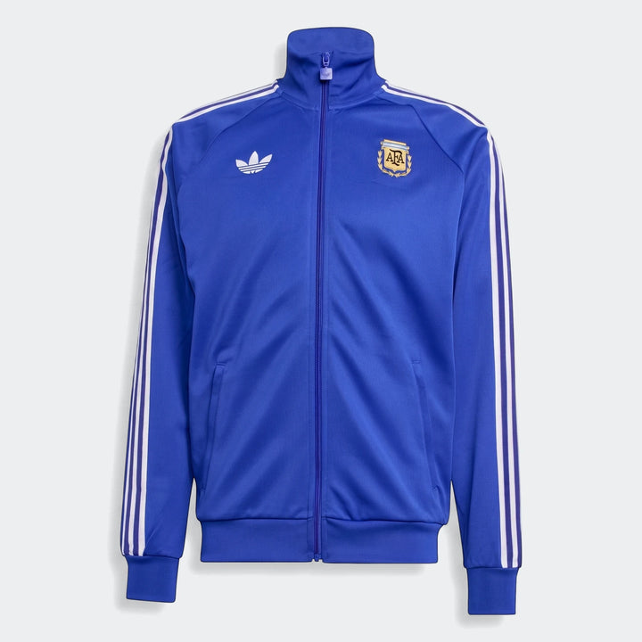 Blue Adidas Argentina Originals Track Top, featuring white stripes on sleeves and AFA crest, shown from the front.