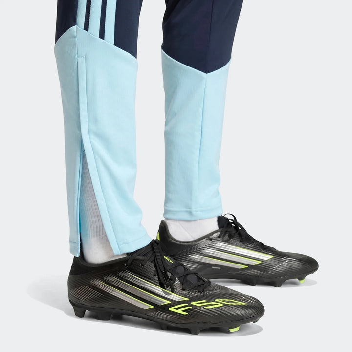 Person wearing navy blue and light blue Adidas Argentina Training Pants with ankle zippers and black and neon yellow soccer