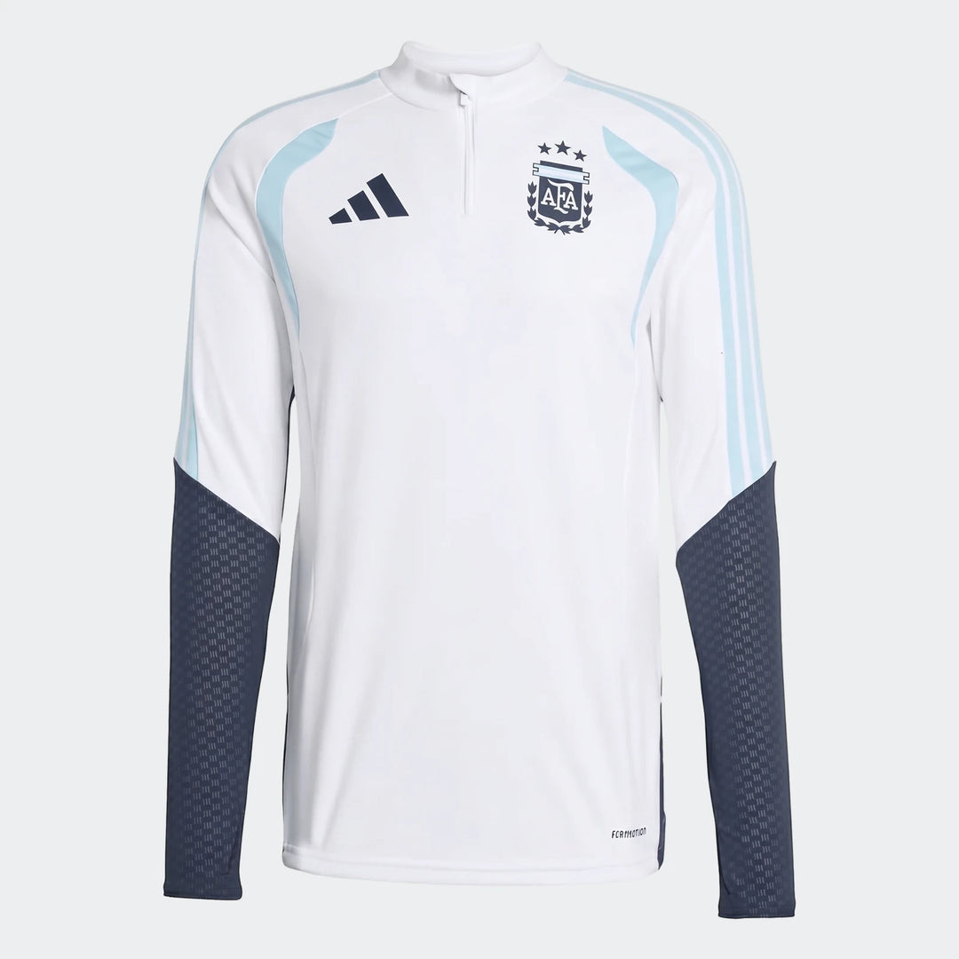 White long-sleeved Argentina Training Top with quarter-zip, Adidas logo, and AFA crest.
