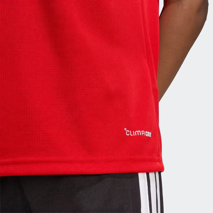 Red Arsenal FC 26/27 Home Kids Jersey, showcasing its textured mesh fabric and white CLIMACOOL logo detail.