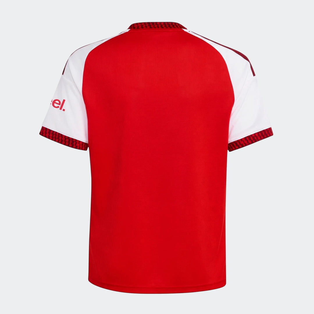Arsenal FC 26/27 Home Kids Jersey, back view. Red main body, white raglan sleeves, and patterned trim on collar and cuffs.
