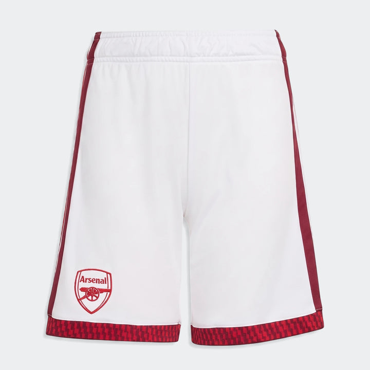 Arsenal FC 26/27 home kids shorts in white with red side stripes and club crest, front view.