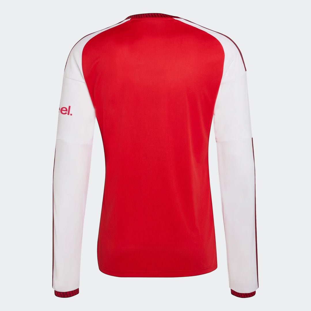 Arsenal FC 26/27 Home Long Sleeve Jersey, red with white sleeves and 'el.' logo, displayed from the back.