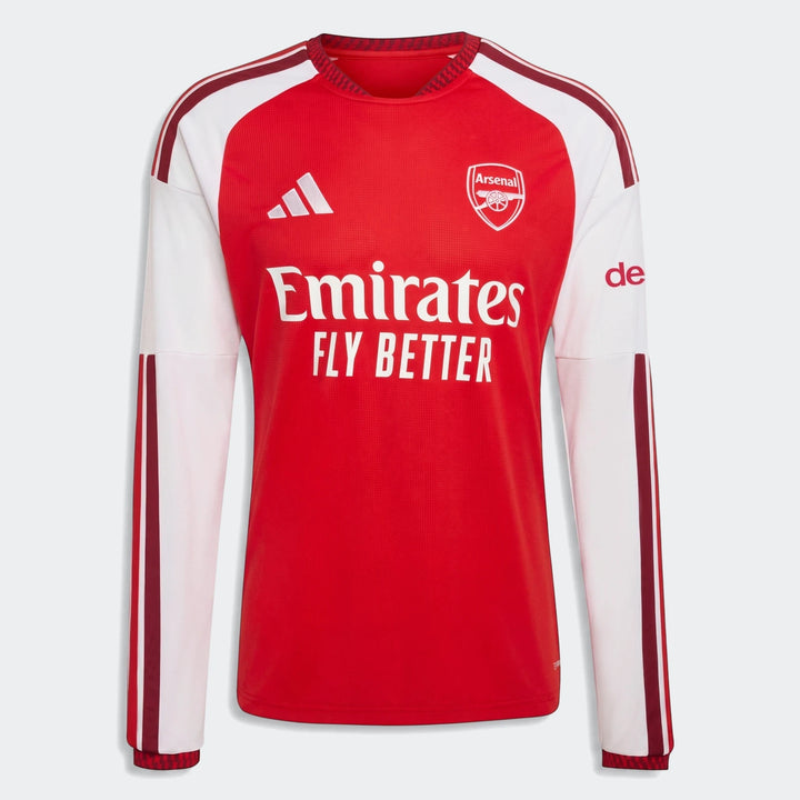 Arsenal FC 26/27 Home Long Sleeve Jersey, red with white raglan sleeves and sponsor logo, presented flatly for product
