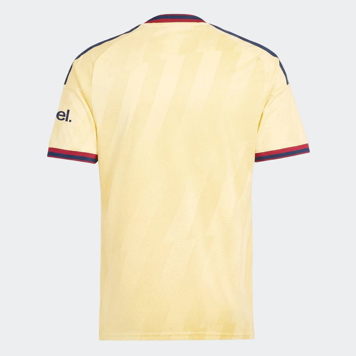 Back view of the yellow Arsenal FC 26/27 Third Jersey, with subtle diagonal stripes and red and blue collar and cuff trim.