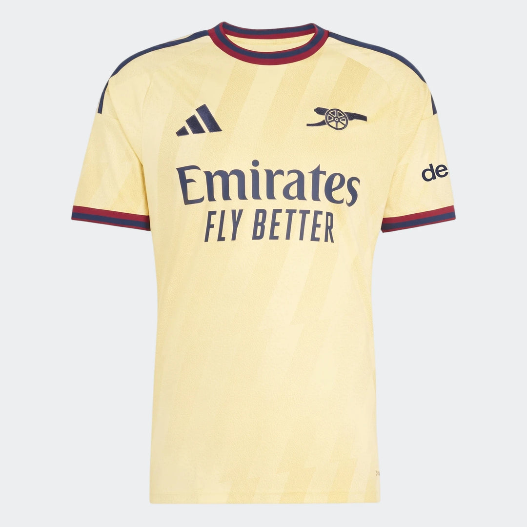 Arsenal FC 26/27 Third Jersey, yellow short-sleeve football shirt with club crest and sponsor logos, front view.