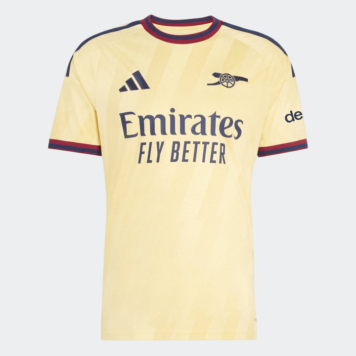 Arsenal FC 26/27 Third Jersey, yellow short-sleeve football shirt with club crest and sponsor logos, front view.