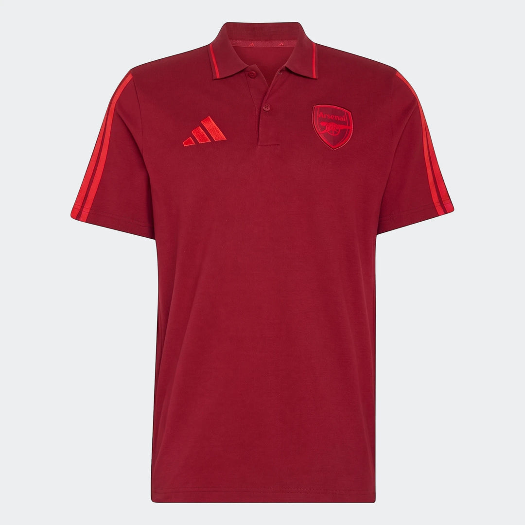 Front view of a dark red short-sleeved cotton Arsenal FC DNA Polo shirt with team crest and Adidas logo.