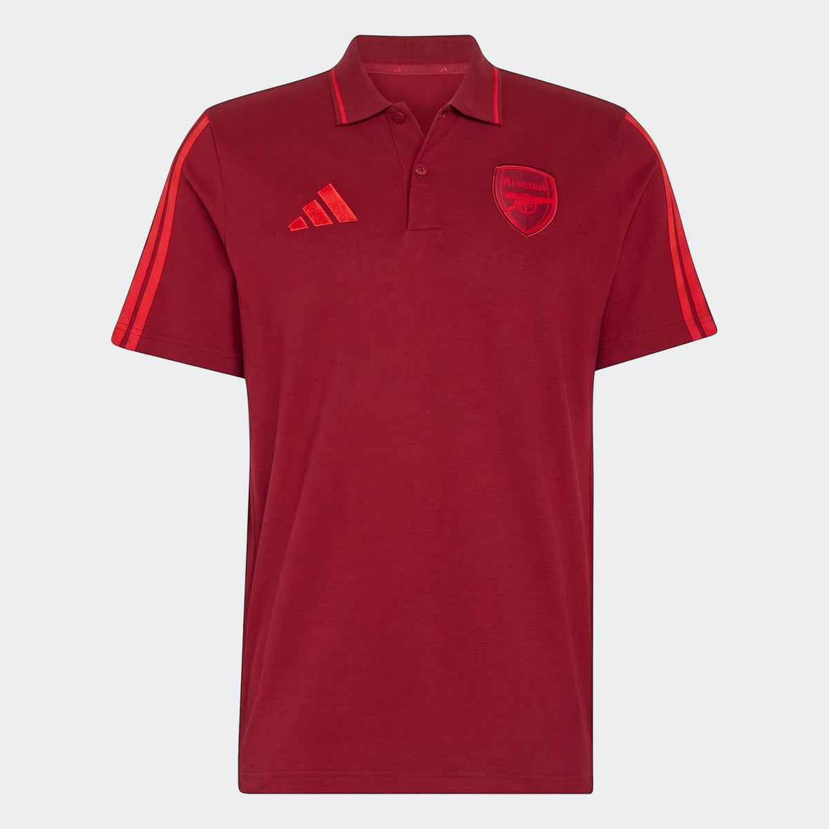 Front view of a dark red short-sleeved cotton Arsenal FC DNA Polo shirt with team crest and Adidas logo.