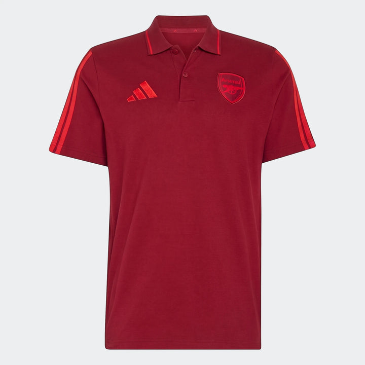 Front view of a dark red short-sleeved cotton Arsenal FC DNA Polo shirt with team crest and Adidas logo.