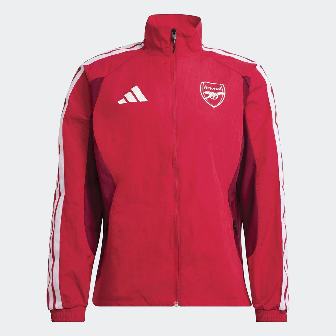 Front view of the red Arsenal FC Home Anthem Jacket, featuring a full-zip design, white Adidas stripes, and the club crest.