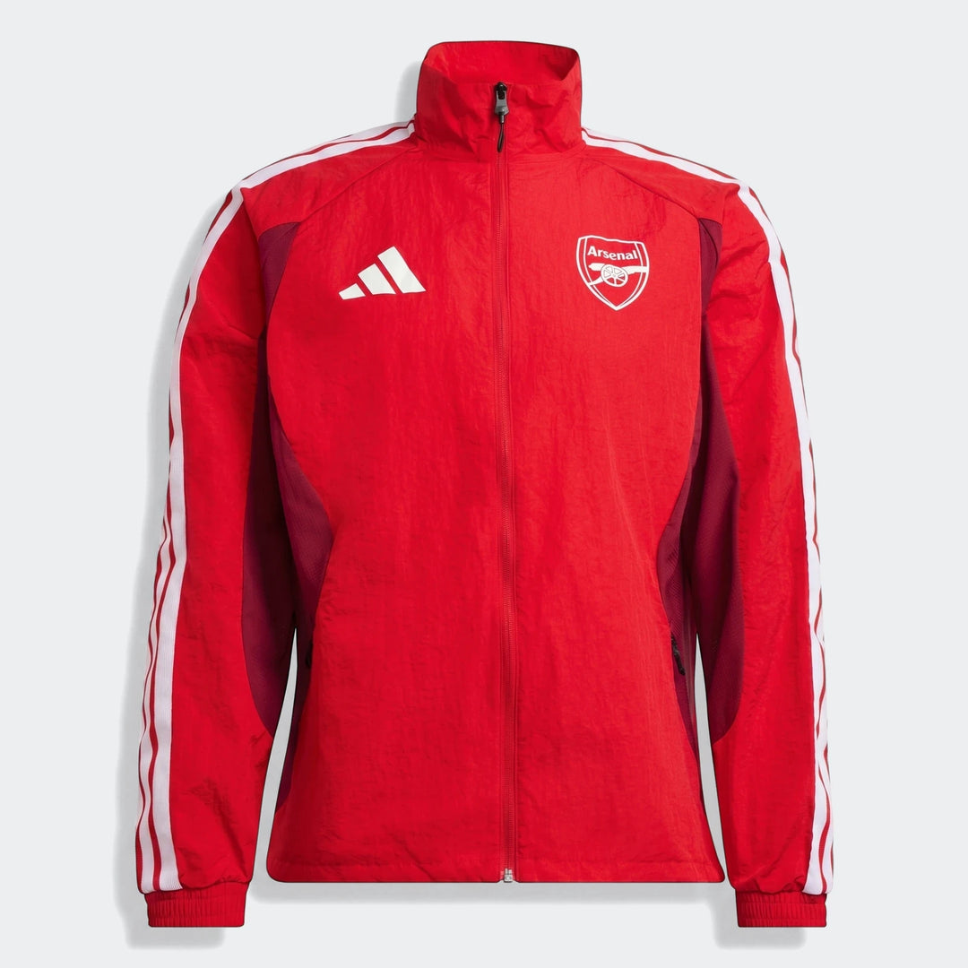 Red and white Adidas Arsenal FC Home Anthem Jacket, front view, full-zip with high collar and club crest.