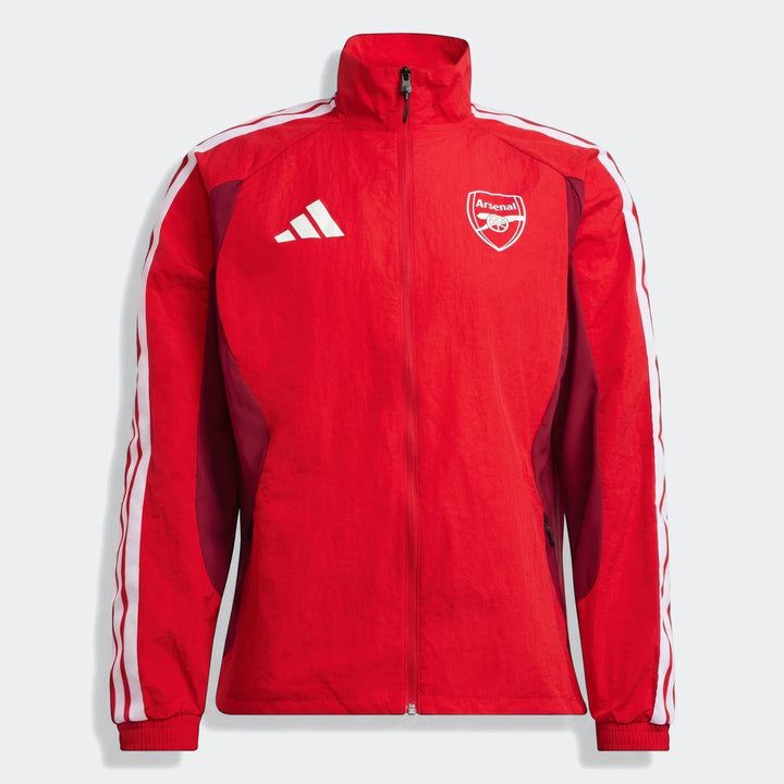 Red and white Adidas Arsenal FC Home Anthem Jacket, front view, full-zip with high collar and club crest.