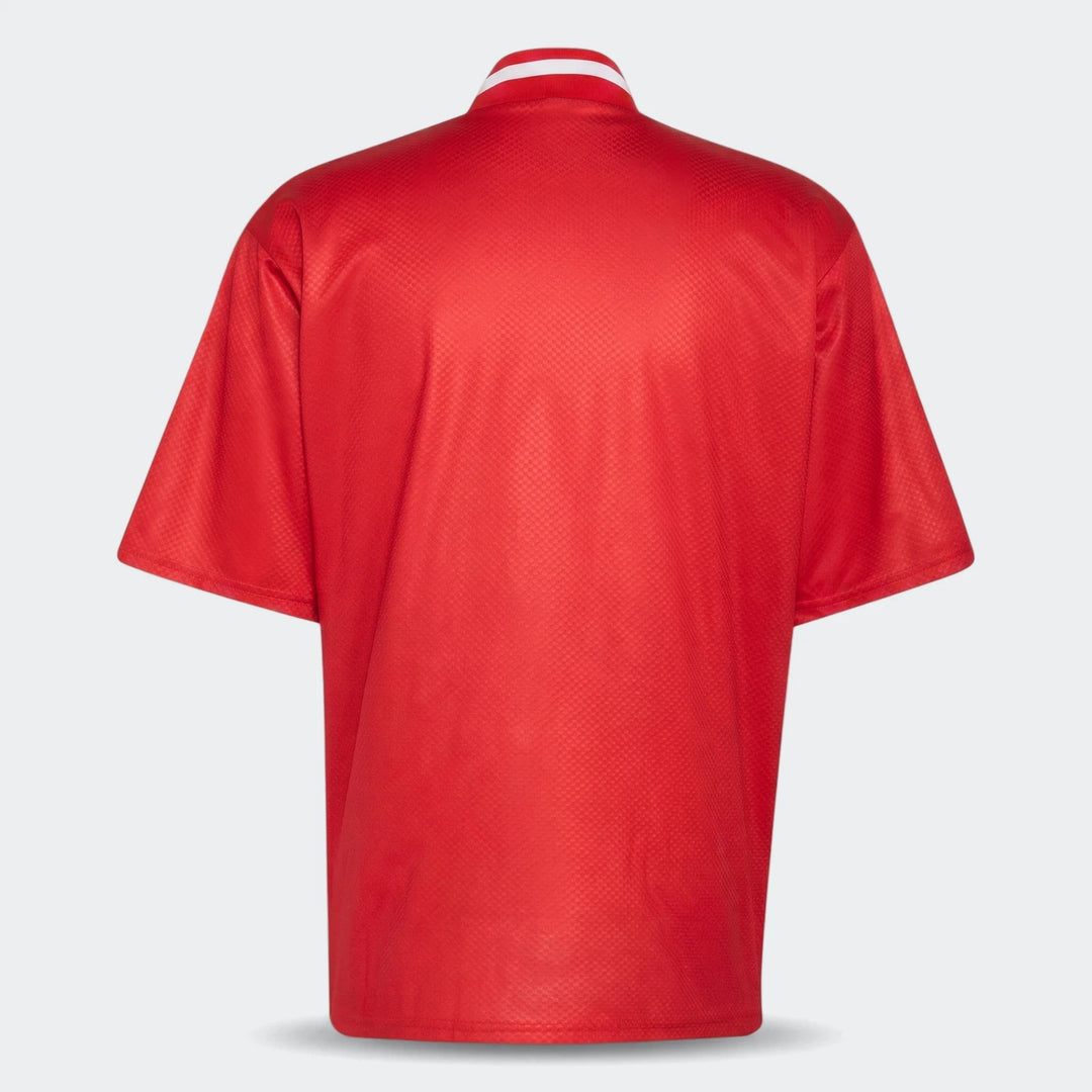 Back view of Arsenal FC Street Jersey in red, short sleeves with white striped collar trim.