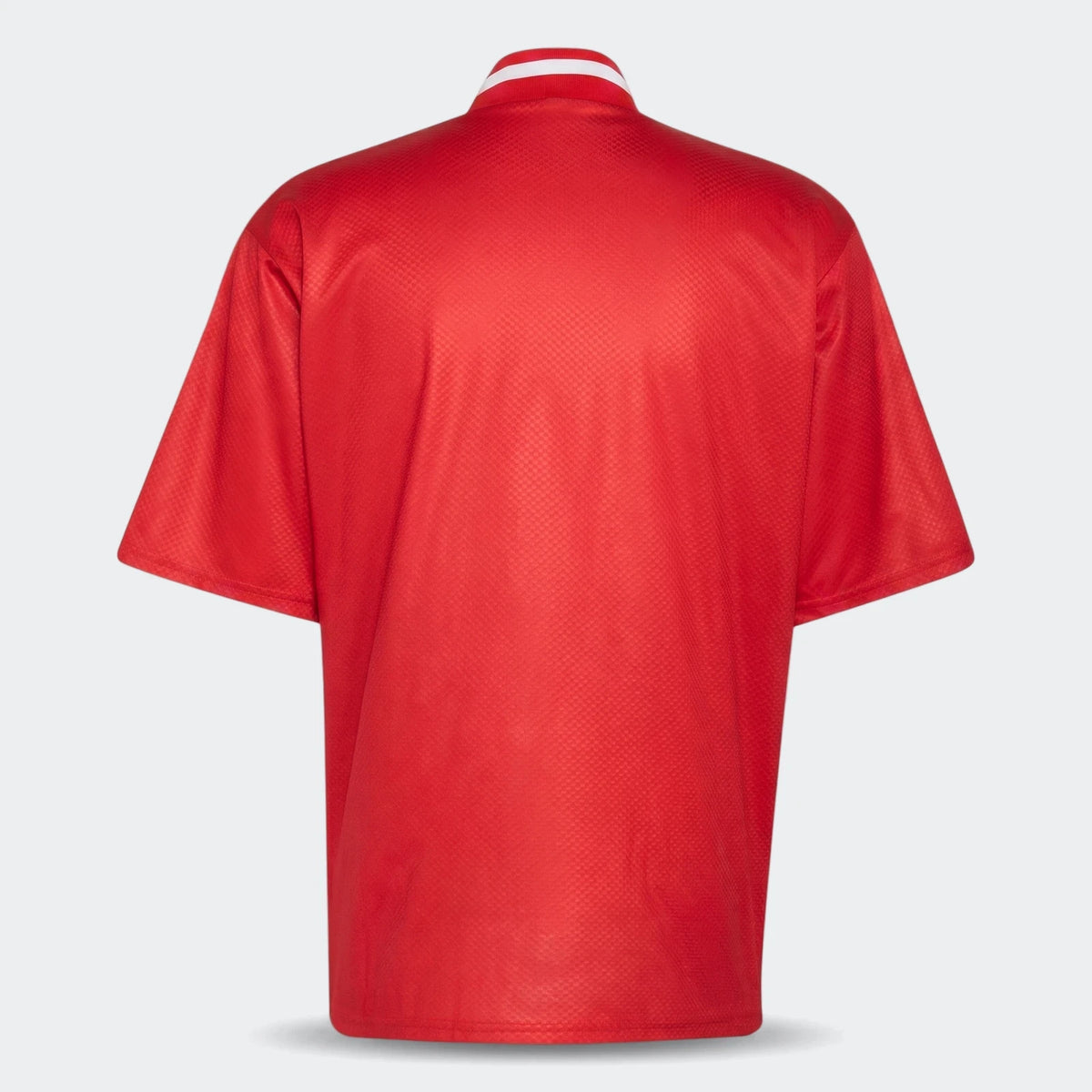 Back view of Arsenal FC Street Jersey in red, short sleeves with white striped collar trim.