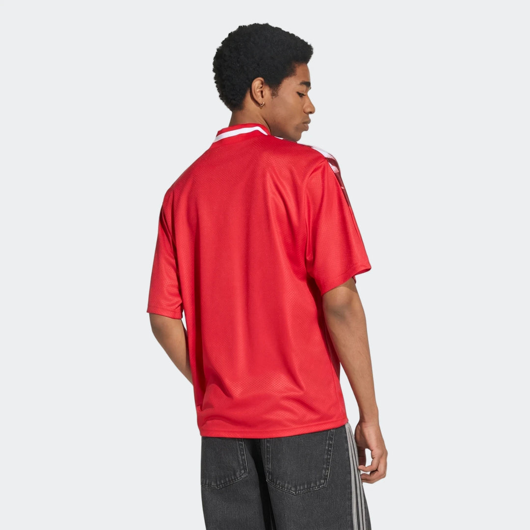 Arsenal FC Street Jersey in red mesh fabric, short-sleeve with white collar trim, shown from the back.