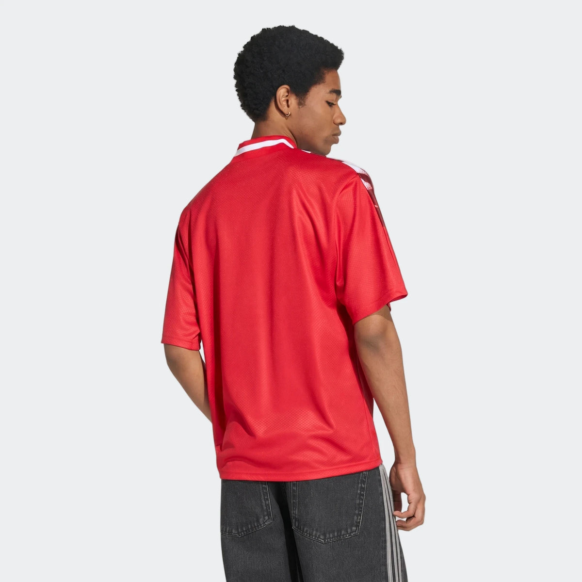 Arsenal FC Street Jersey in red mesh fabric, short-sleeve with white collar trim, shown from the back.