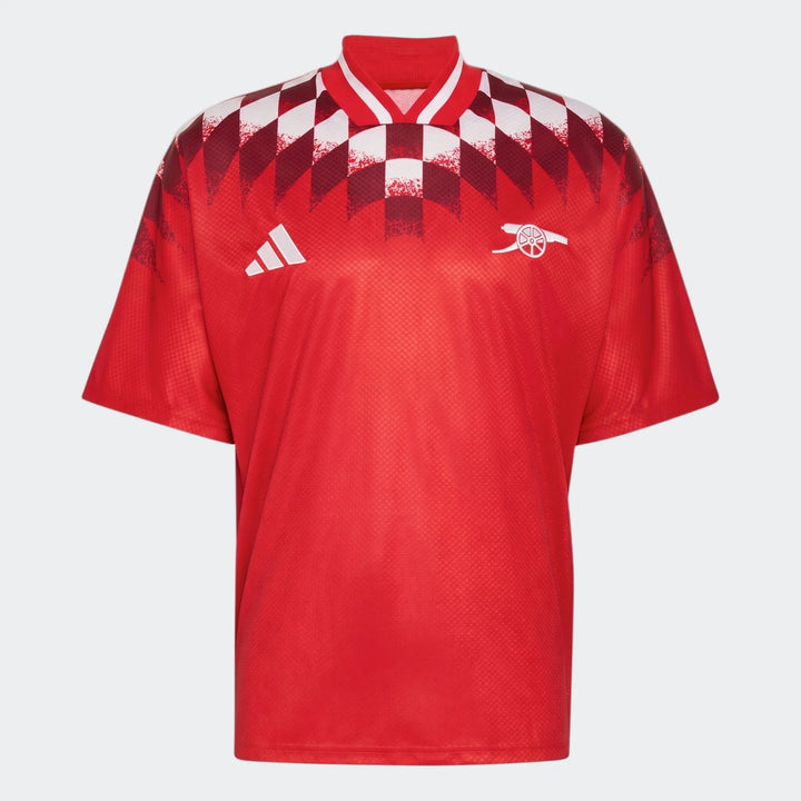 Arsenal FC Street Jersey in red with checkered shoulder pattern, short sleeves and V-neck, front view.