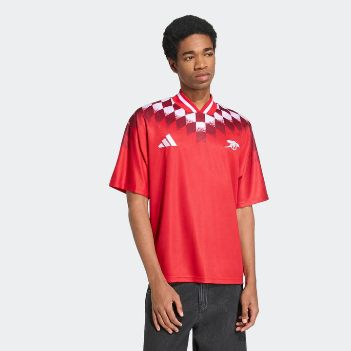 Arsenal FC Street Jersey in red with white checkered yoke and V-neck collar, front view short sleeves.