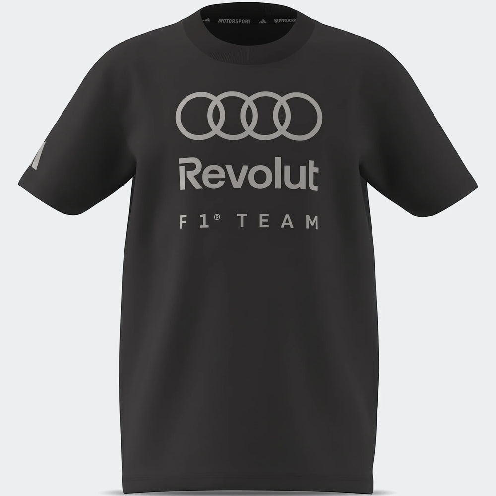 Black Audi Revolut F1 Team Dna Graphic T-Shirt for kids, featuring front logos and short sleeves.