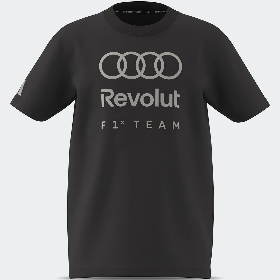 Black Audi Revolut F1 Team Dna Graphic T-Shirt for kids, featuring front logos and short sleeves.