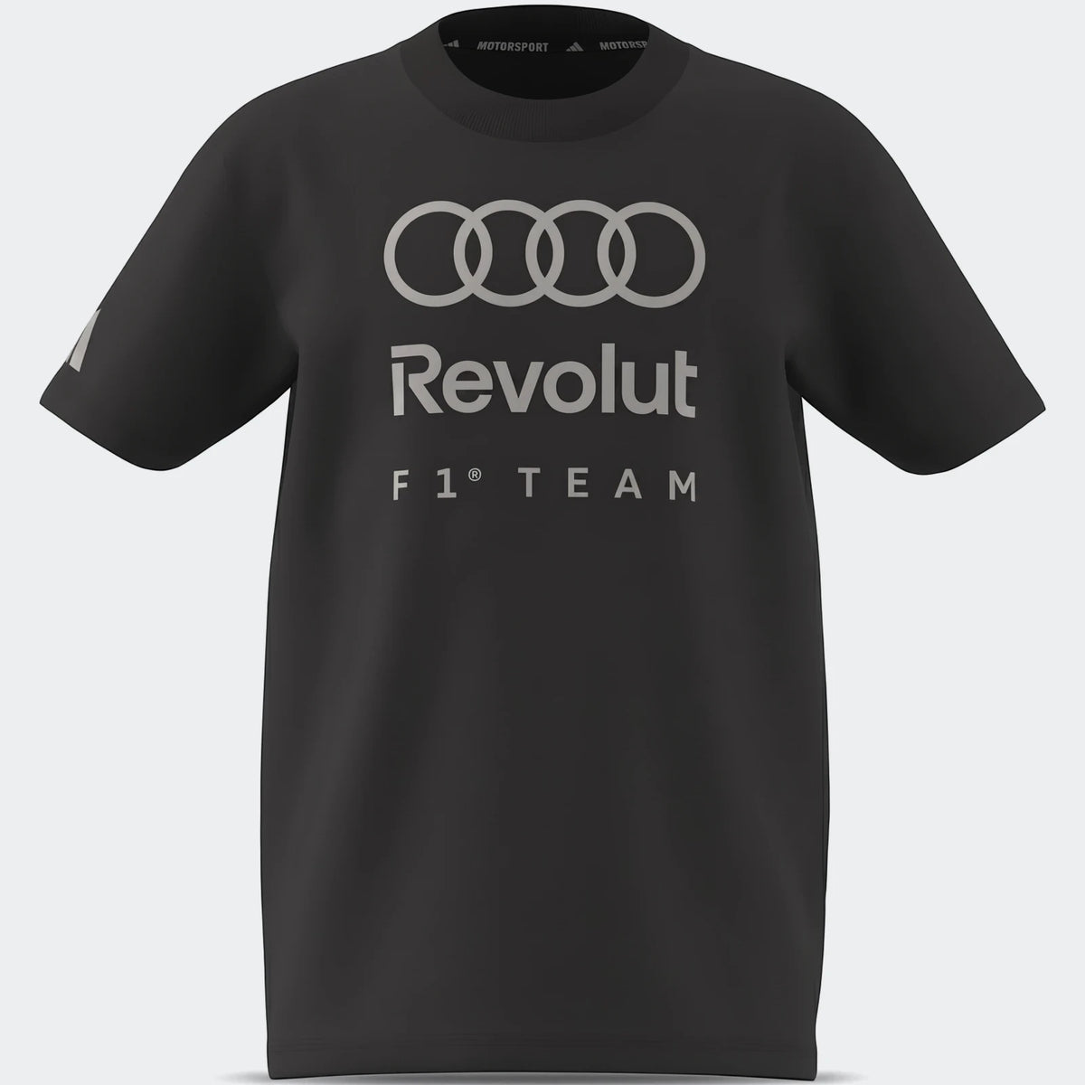 Black Audi Revolut F1 Team Dna Graphic T-Shirt for kids, featuring front logos and short sleeves.
