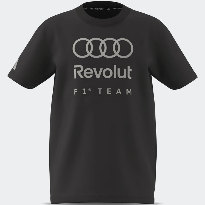 Black Audi Revolut F1 Team Dna Graphic T-Shirt for kids, featuring front logos and short sleeves.