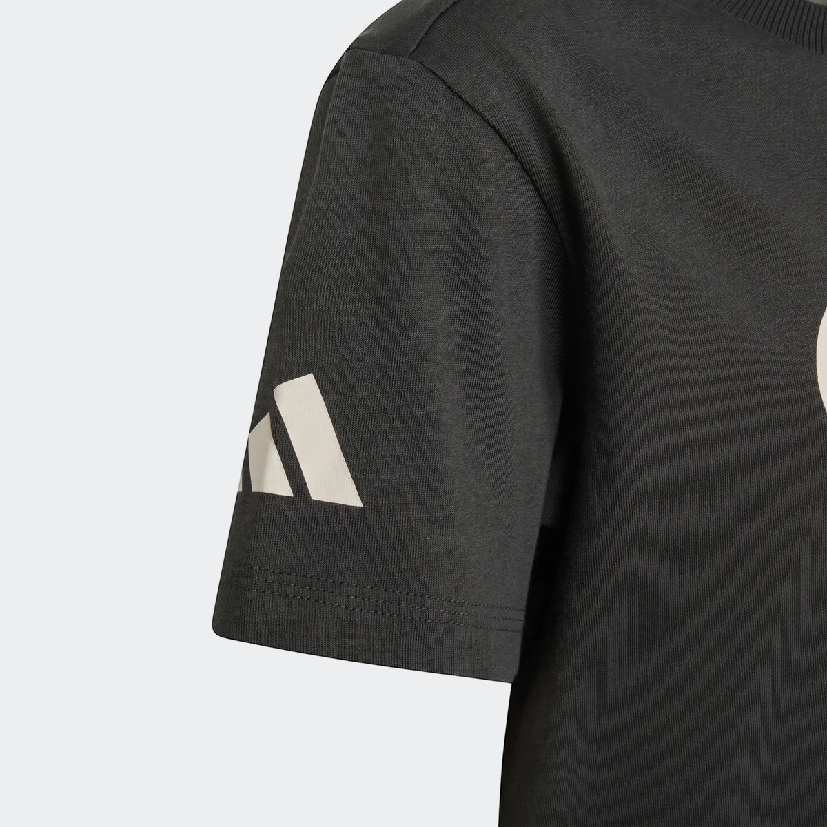 Close-up of a Kids' Audi Revolut F1 Team DNA Graphic T-Shirt in dark gray, showing the white logo on the short sleeve.