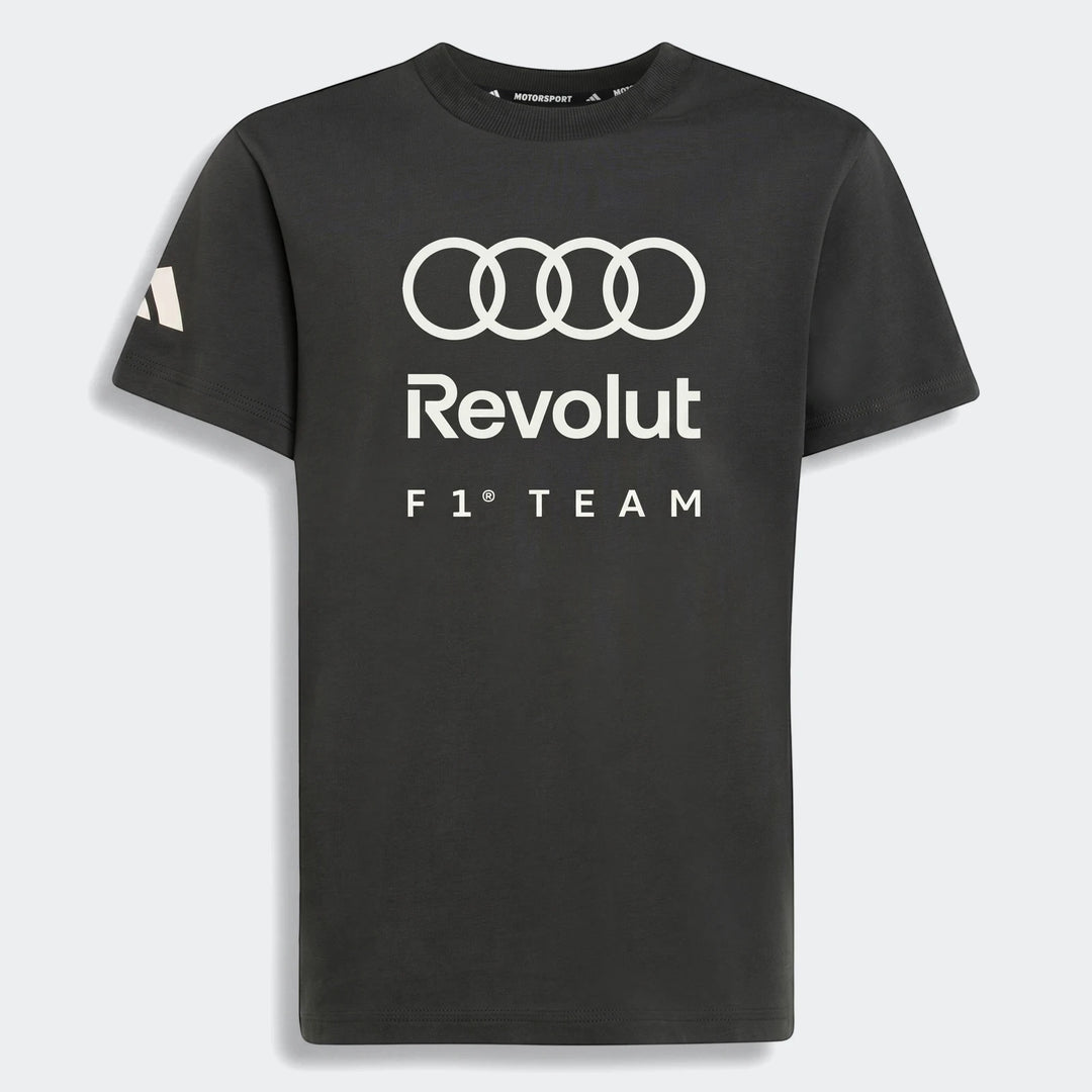 Dark grey kids Audi Revolut F1 Team Dna Graphic T-Shirt with white logos on the front, displayed from a front view.