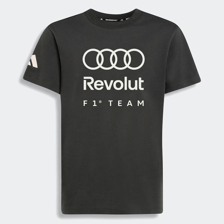 Dark grey kids Audi Revolut F1 Team Dna Graphic T-Shirt with white logos on the front, displayed from a front view.