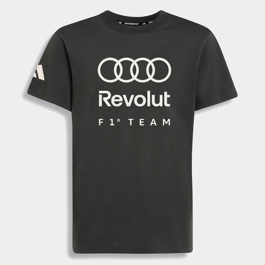 Dark grey kids Audi Revolut F1 Team Dna Graphic T-Shirt with white logos on the front, displayed from a front view.