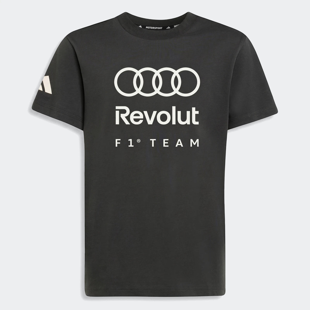 Dark grey kids' Audi Revolut F1 Team Dna graphic t-shirt with white logos on the front, short sleeves.
