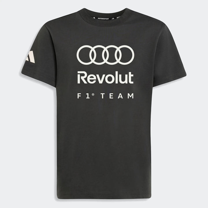 Dark grey kids' Audi Revolut F1 Team Dna graphic t-shirt with white logos on the front, short sleeves.