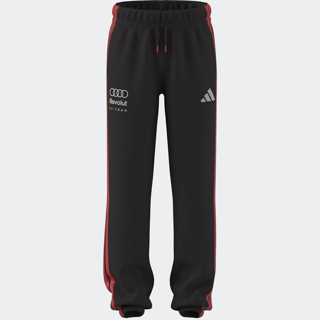 Black Audi Revolut F1 Team Dna Youth Pants featuring red side stripes and prominent team logos on both thighs, full length