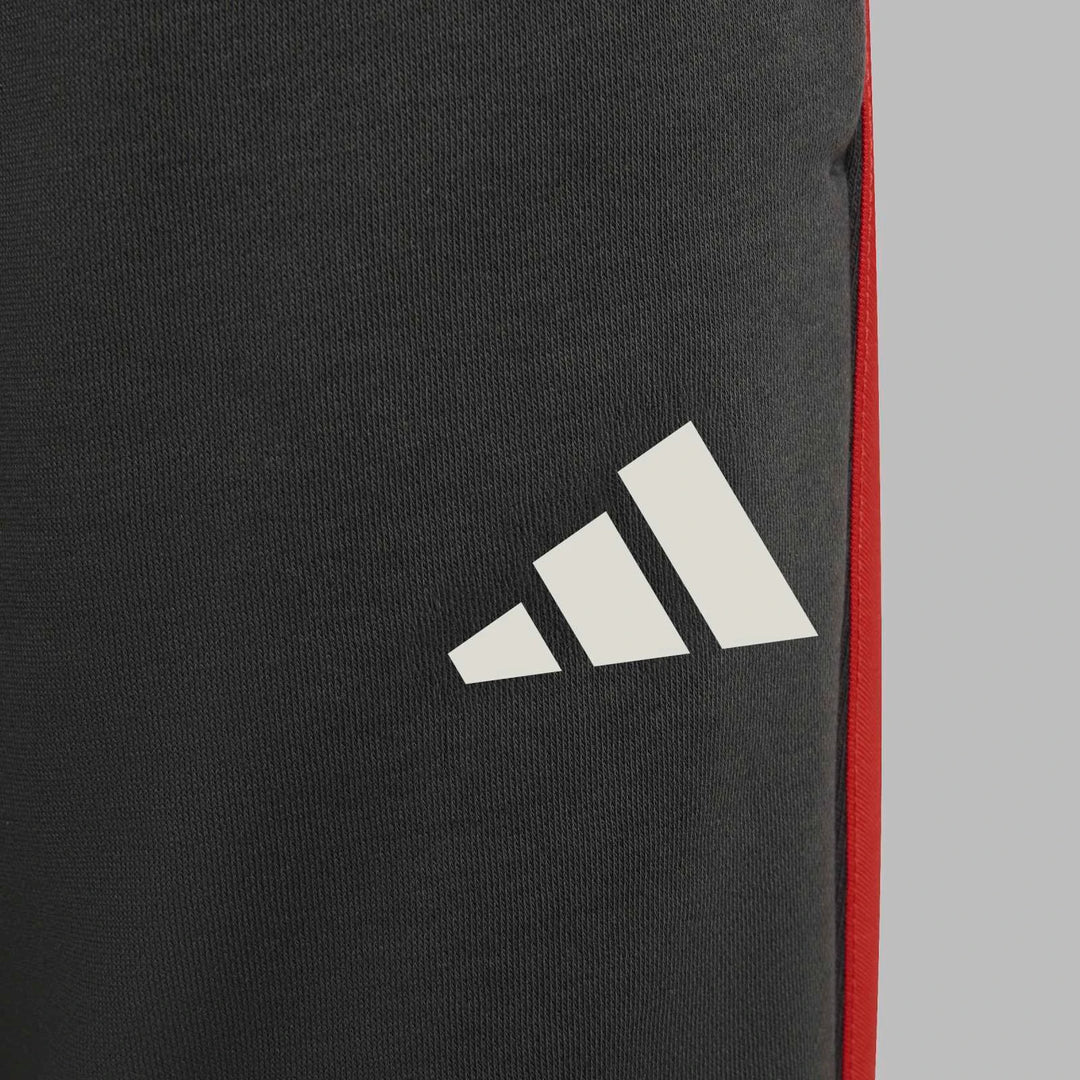 Close-up of Audi Revolut F1 Team Dna Pants Youth, showing dark grey knitted fabric with a white Audi logo and a vertical red