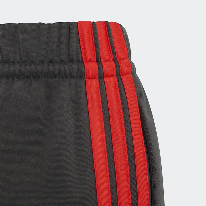 Close-up of Audi Revolut F1 Team Dna Pants Youth, featuring dark grey fabric with vibrant red three-stripe detail.