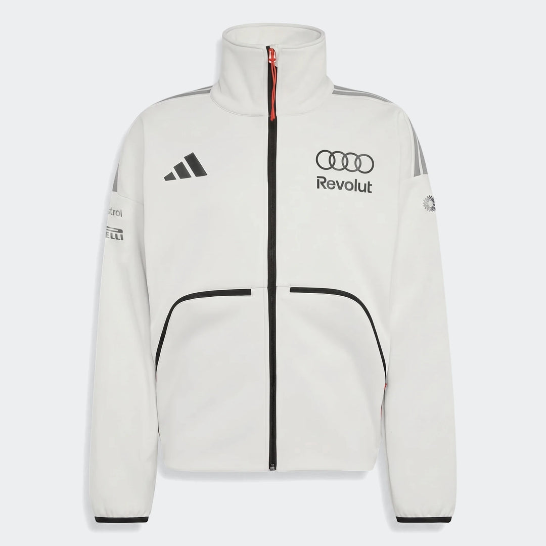 White Audi Revolut F1 Team Engineers & Marketing track top, full-zip with sponsor logos on chest and sleeves.