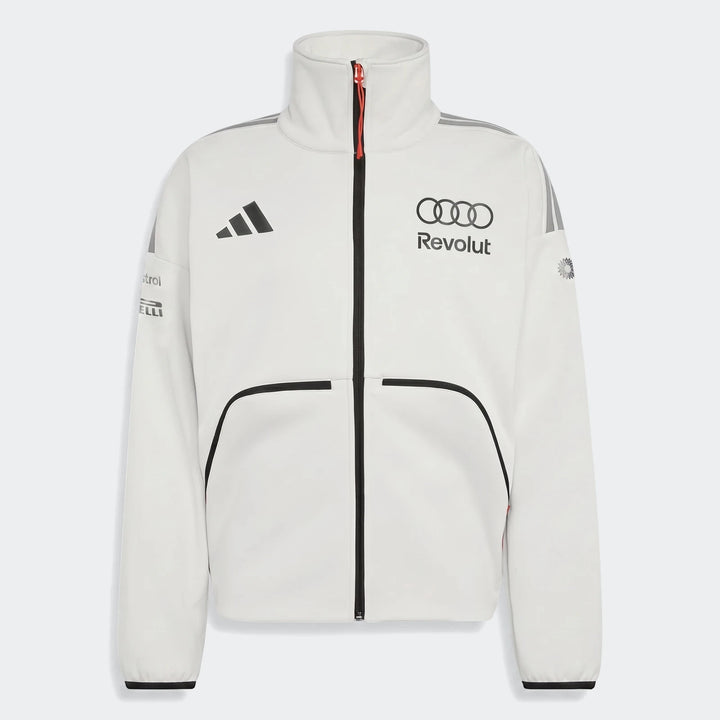 White Audi Revolut F1 Team Engineers & Marketing track top, full-zip with sponsor logos on chest and sleeves.