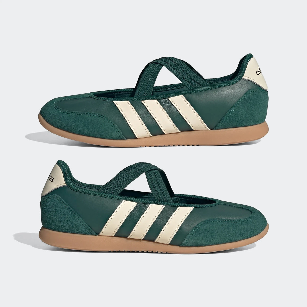 Dark green Barreda Mary Jane shoes for toddlers, featuring cream stripes and a gum sole, shown from a side view.