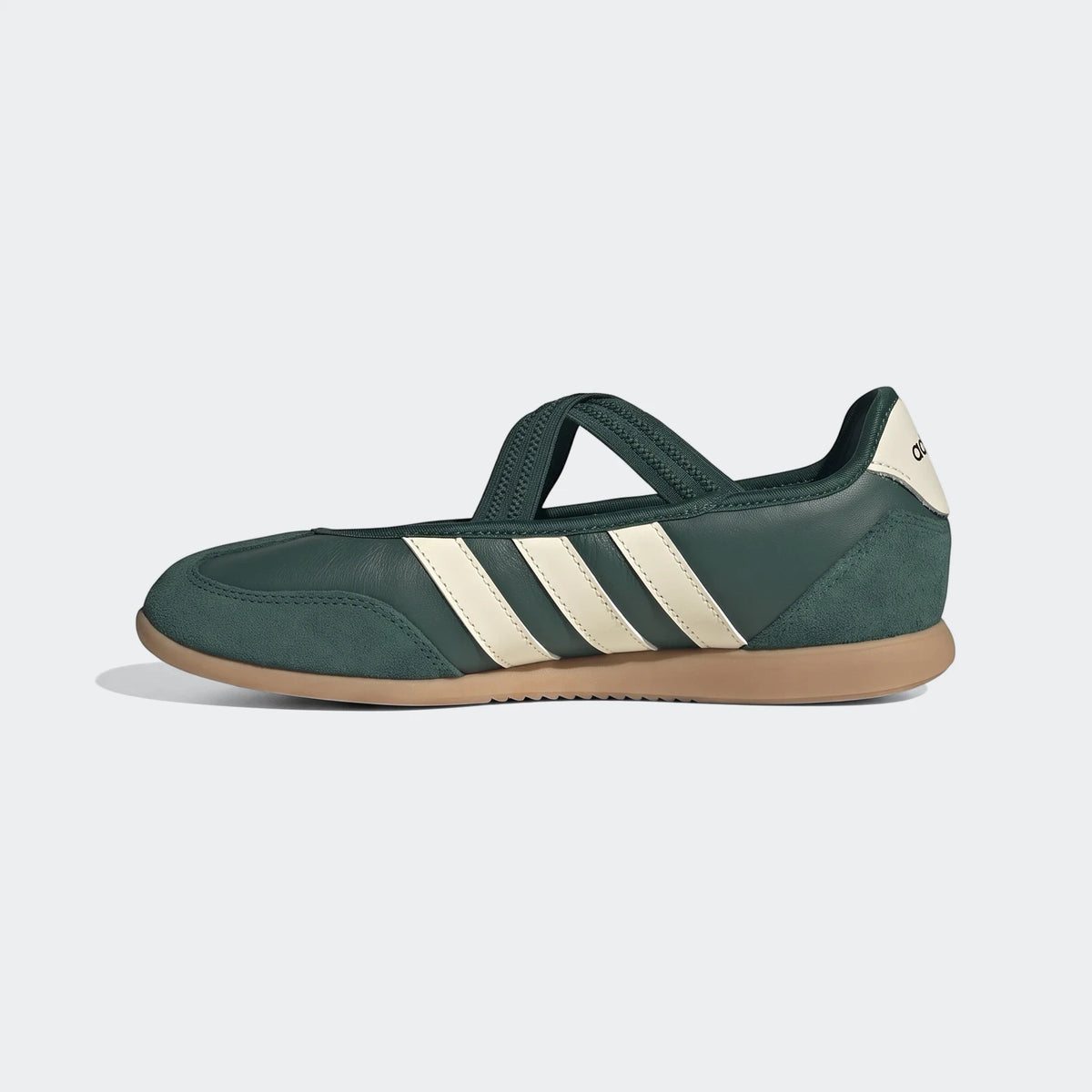 Barreda Mary Jane Shoes in dark green with cream stripes and a brown sole, featuring a ballet-style strap, side view.