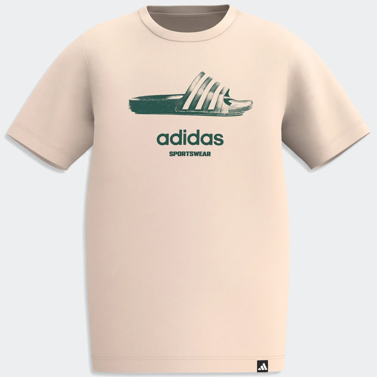 Beige Adidas J S Slide Ill T-Shirt with dark green slide sandal graphic and branding, short sleeves, and crew neck, shown