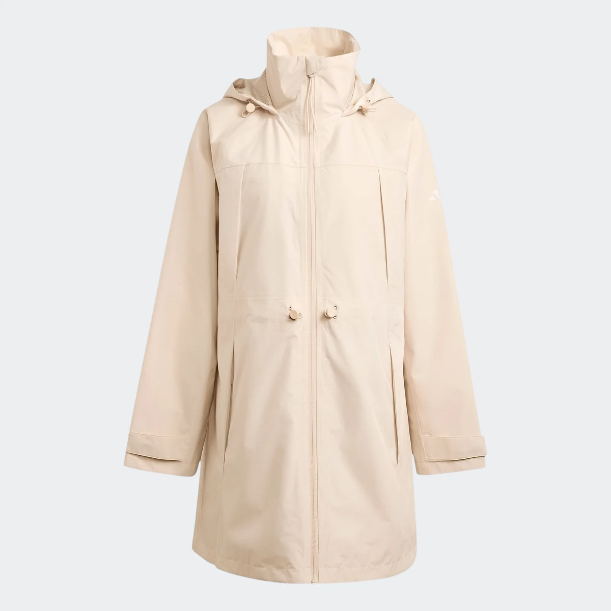 Beige Adidas Women's City Rain Parka, a waterproof long jacket with a hood and zippered front, shown front view.
