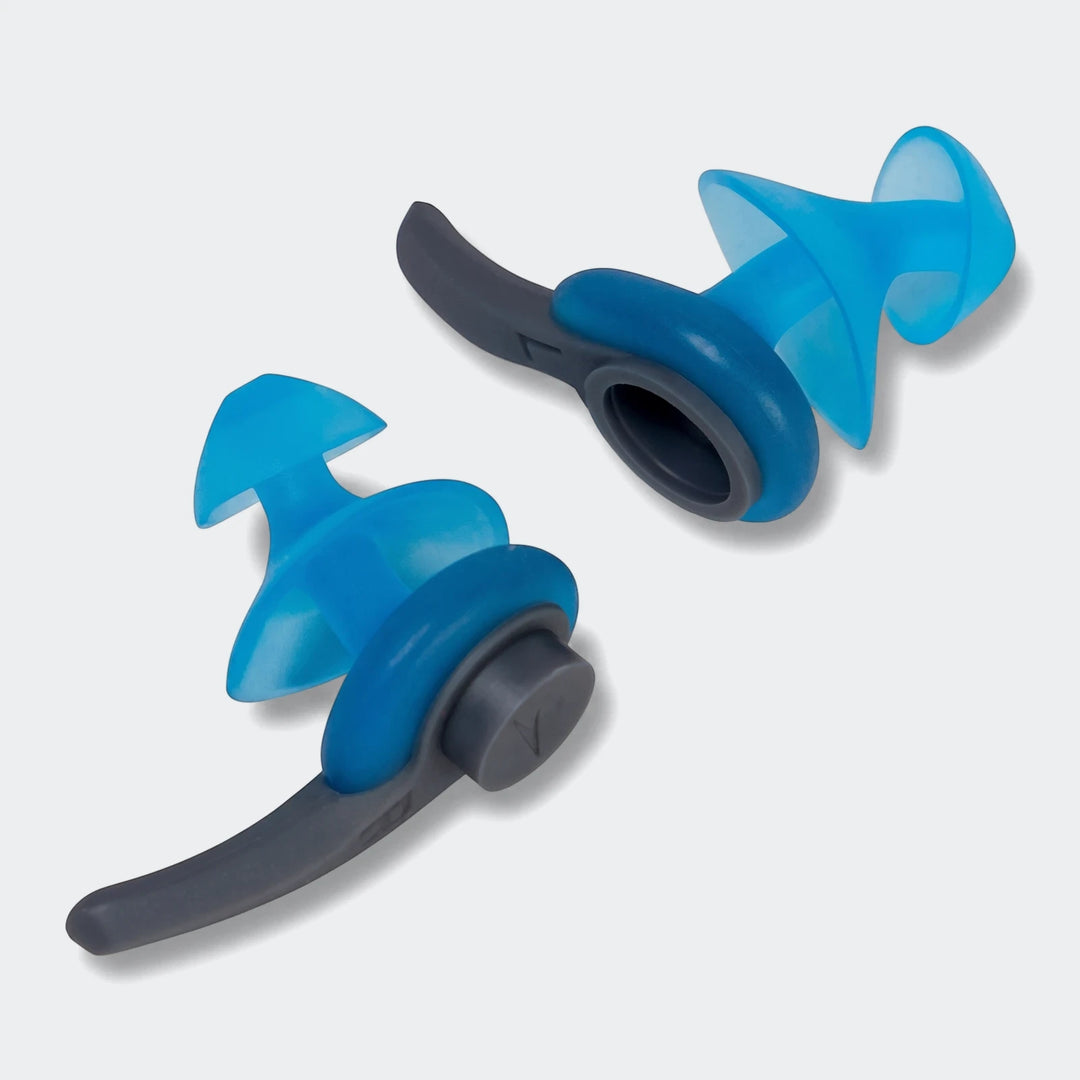 A pair of blue and grey silicone Biofuse earplugs, designed for swimming and noise reduction, shown angled on a white