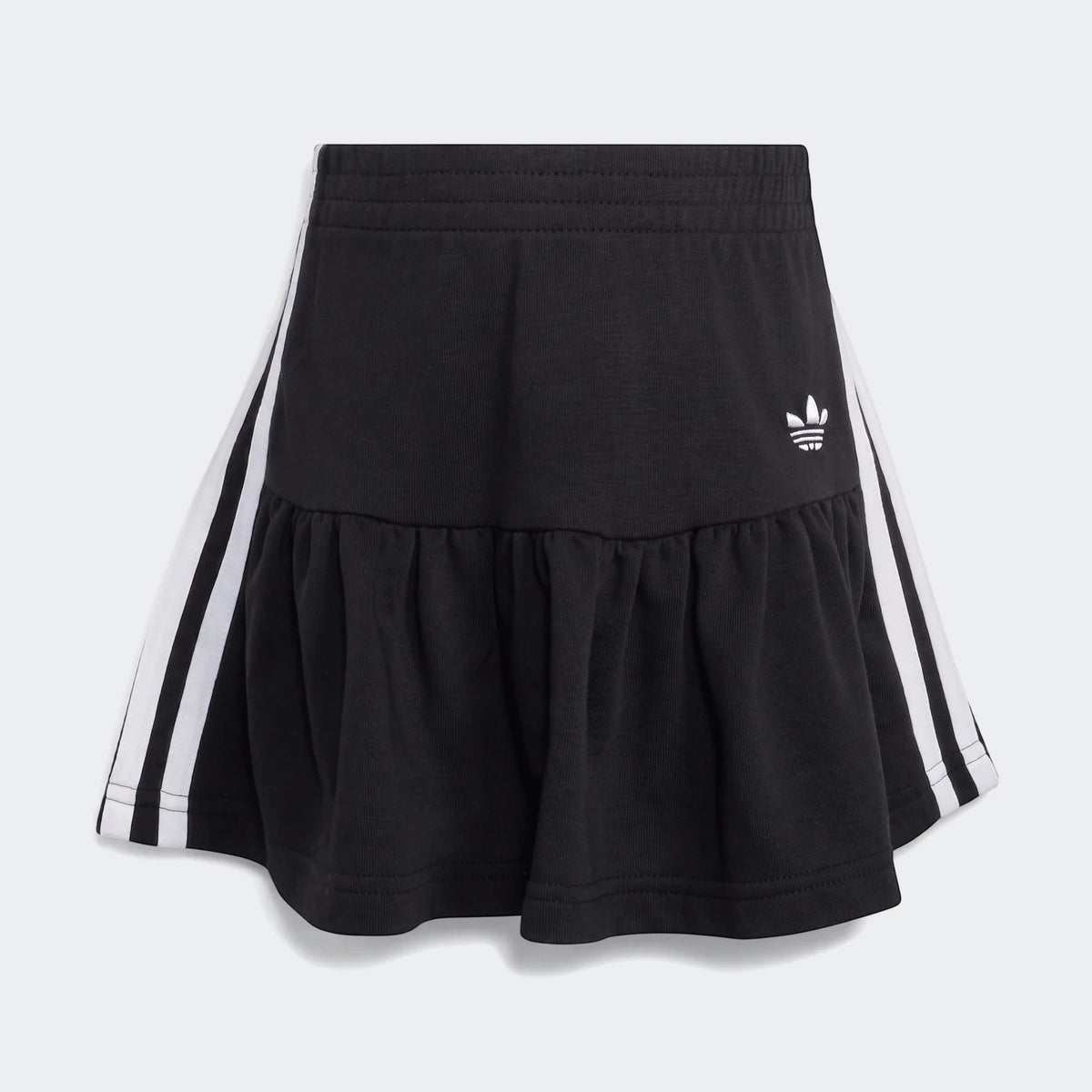 Black Adidas skirt with white 3-Stripes down the sides and a white Trefoil logo, featuring a ruffled hem.