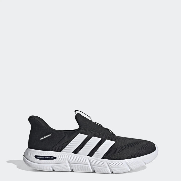 Black Adidas Cloudfoam Flex Lounge Rapidaflow shoes, featuring white three stripes and a textured white sole, shown from a